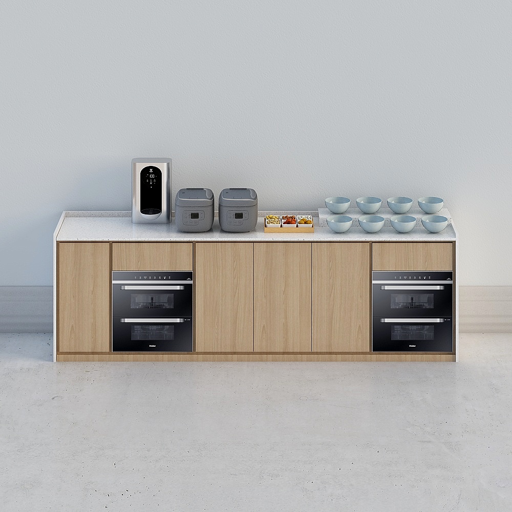 Modern light wood kitchen cabinet with white countertop and black ovens on grey background