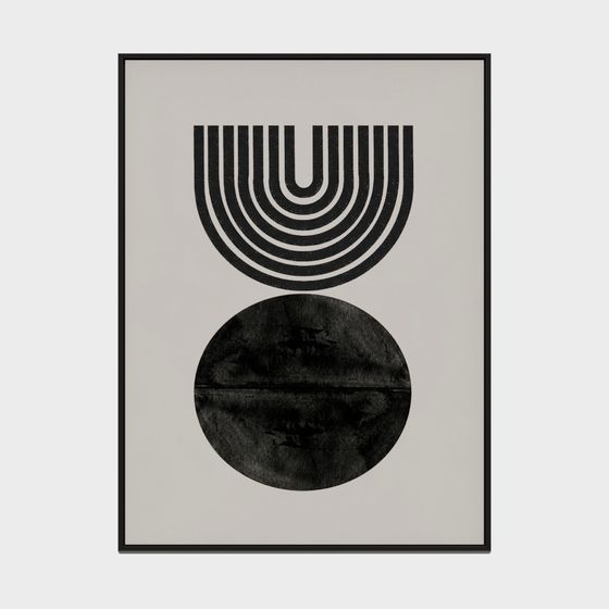 Framed black and white abstract wall art with geometric shapes on white background