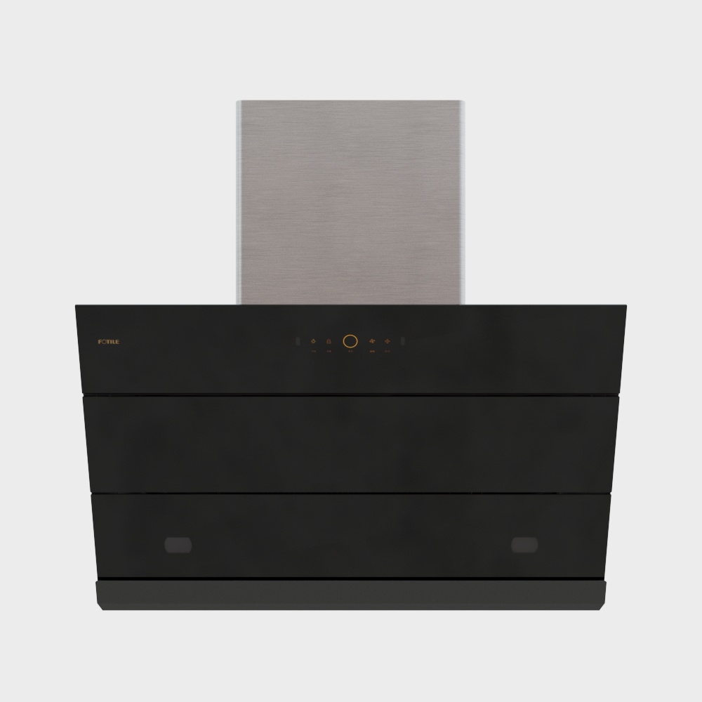 Modern black kitchen range hood with silver metal chimney and touch controls on white background