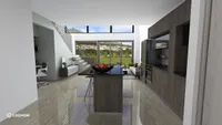 Modern kitchen featuring dark wood island cabinets large windows stairs and view of green hills