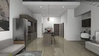Interior design layout with grey sofa, kitchen island, home office desk, and light wood flooring