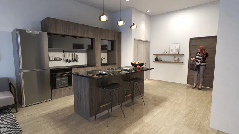 Modern kitchen design with dark wood cabinets, stainless steel fridge, kitchen island, and gold lights