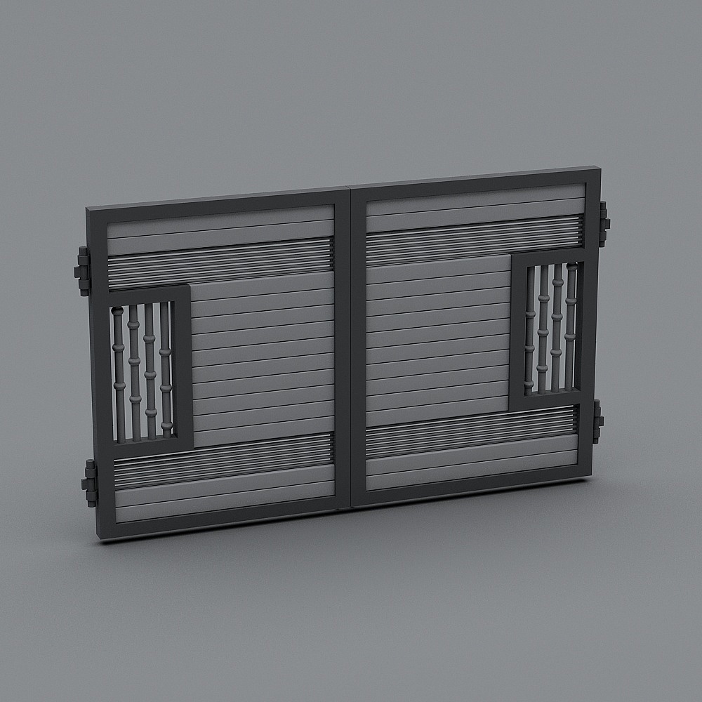 Modern dark grey metal gate with horizontal slats and vertical bars on grey background