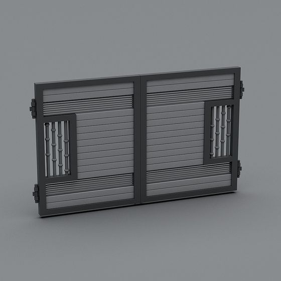 Modern dark grey metal gate with horizontal slats and vertical bars on grey background