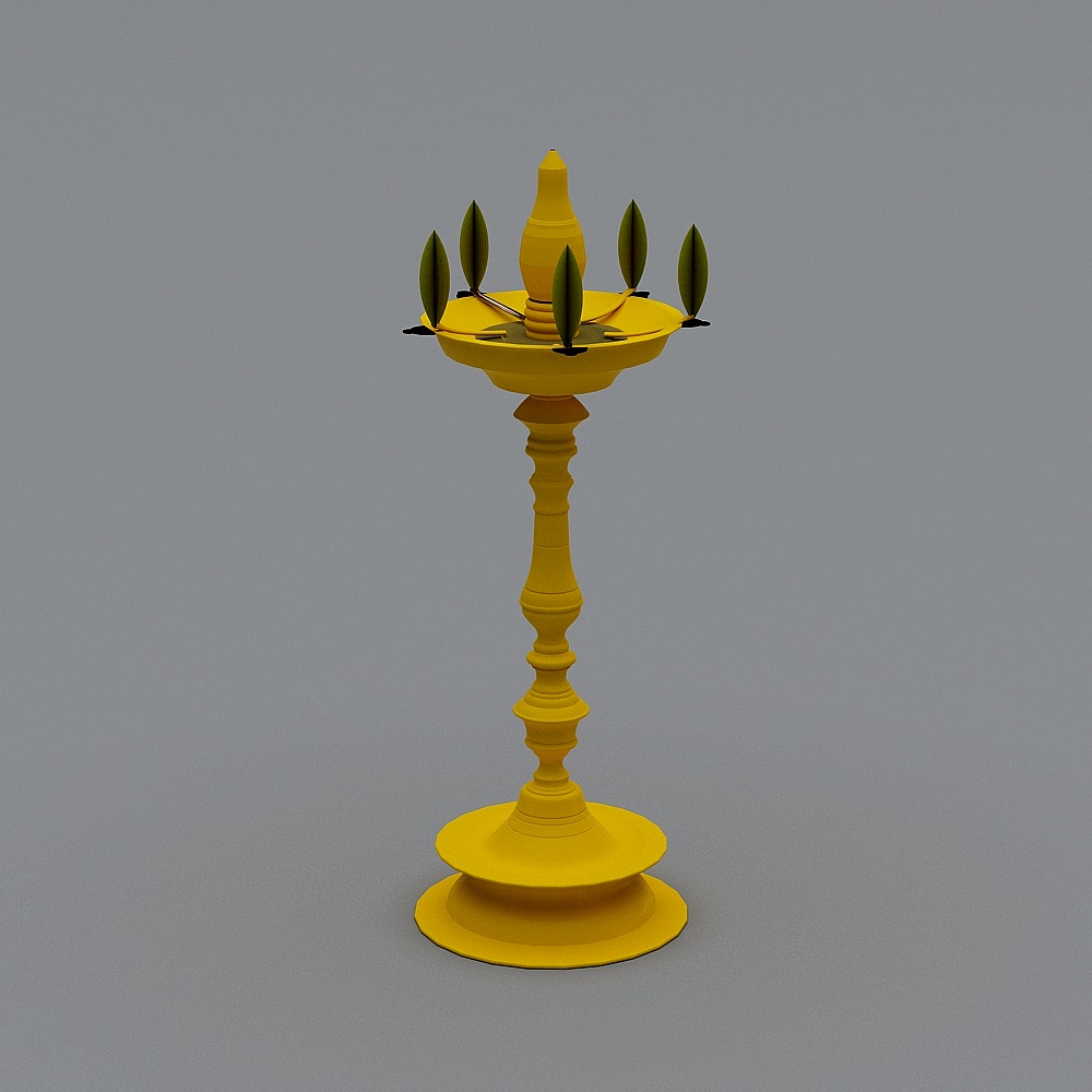 Yellow traditional Indian oil lamp with five green wicks on grey background