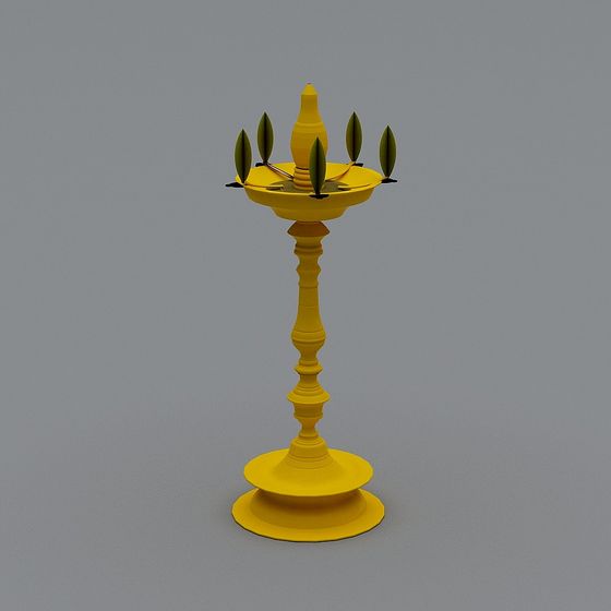 Yellow traditional Indian oil lamp with five green wicks on grey background