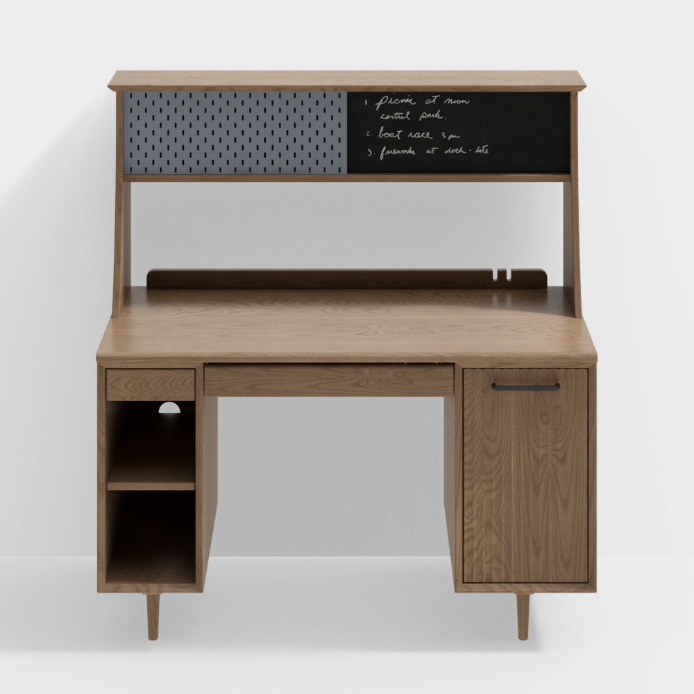 Modern light brown wooden desk with black chalkboard and grey pegboard on white background