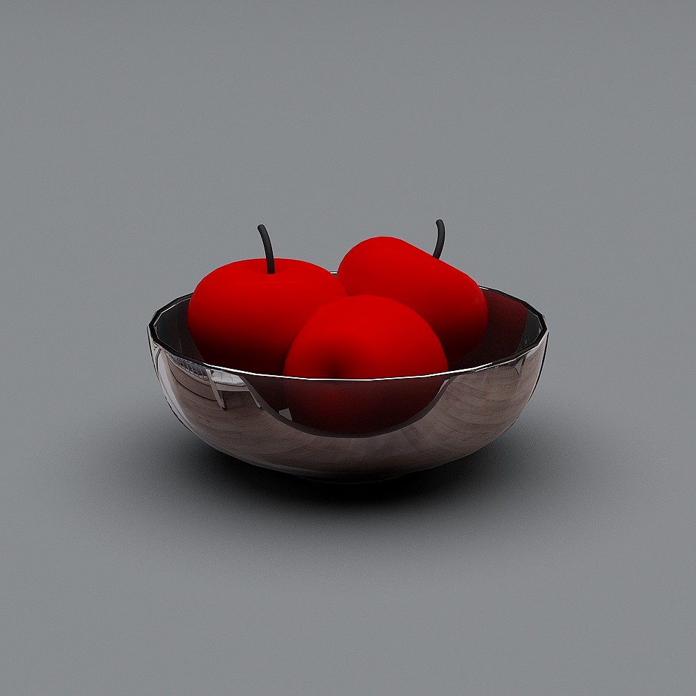 Modern silver metal bowl with three red apples on grey background