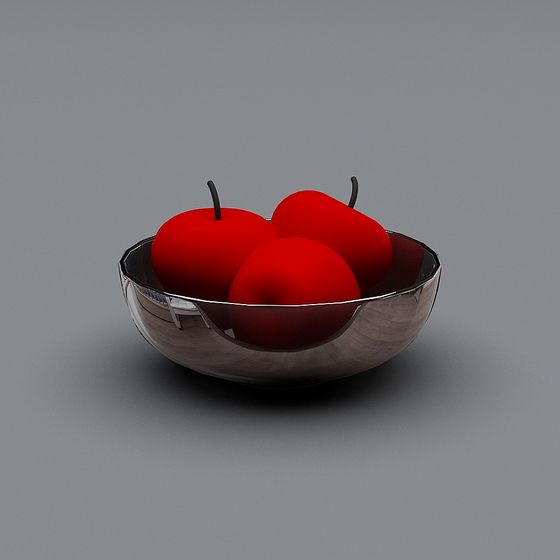 Modern silver metal bowl with three red apples on grey background