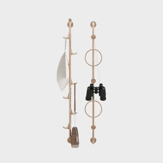 Modern gold wall rack with hooks and rings holding bag binoculars on white background