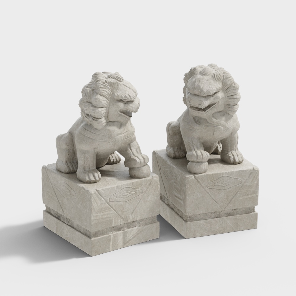 Low-Poly Stone Lions 3D Model – Textured Stone Sculptures