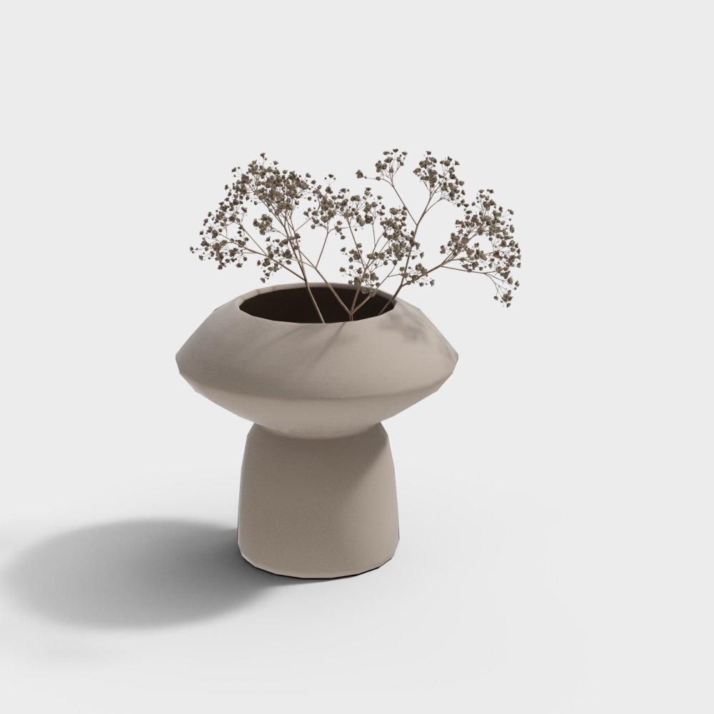 Beige ceramic vase with wide top holding dried flowers on white background