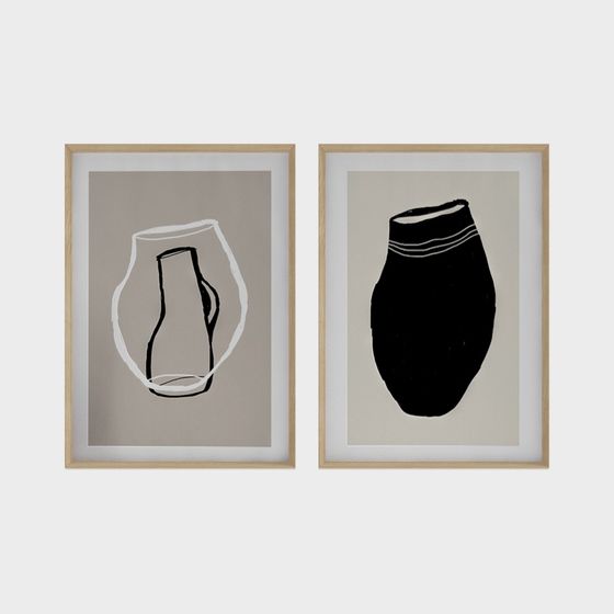 Set of two framed abstract vase prints with black and white art on light grey background