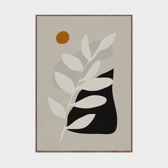 Abstract beige wall art with white leaves and black shape on white background