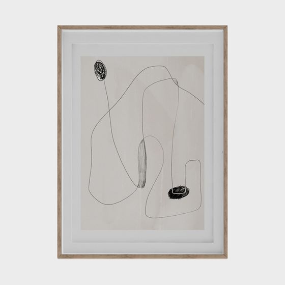 Framed abstract line art print with black ink drawing on beige background