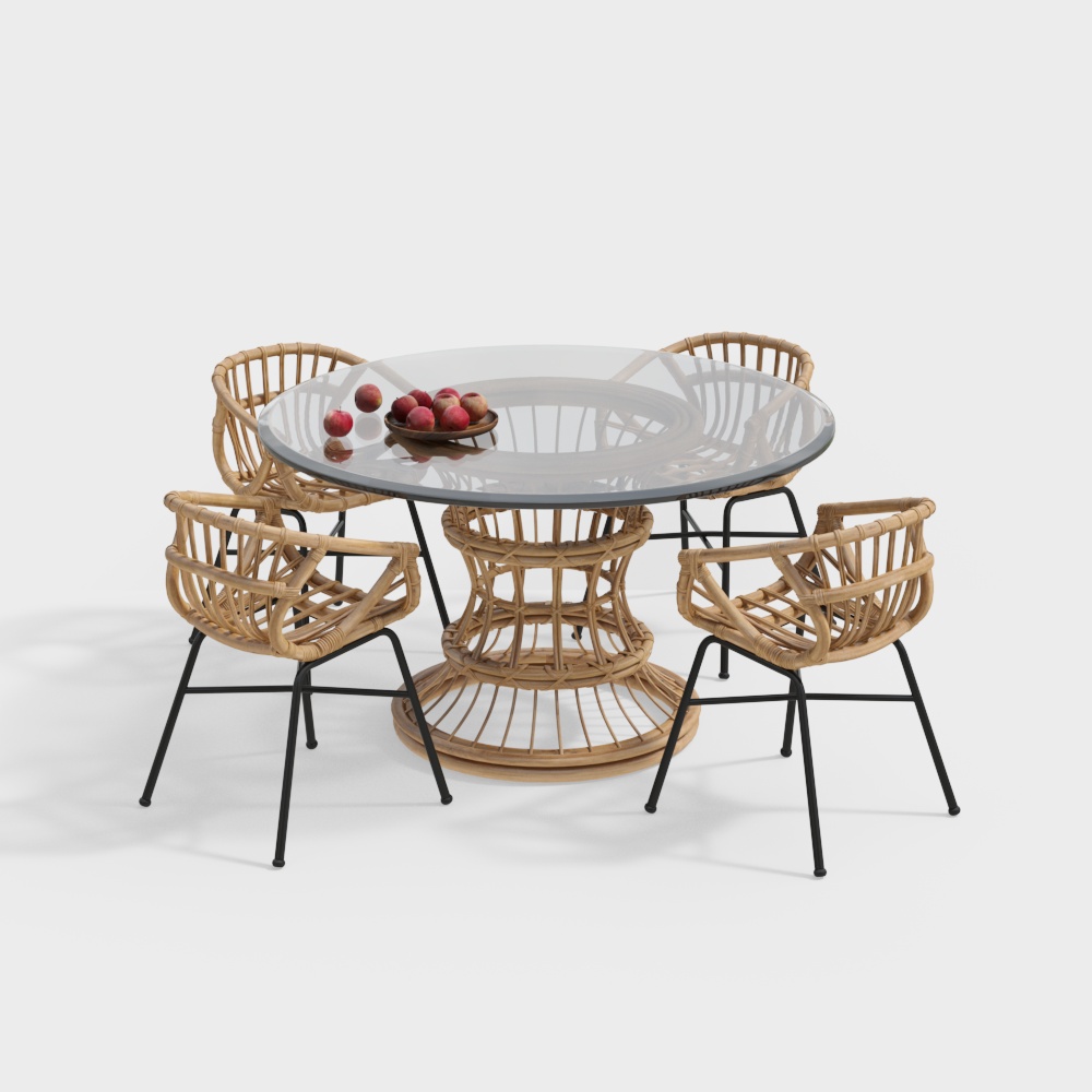 Round glass top dining table with four rattan chairs and fruit bowl on white background