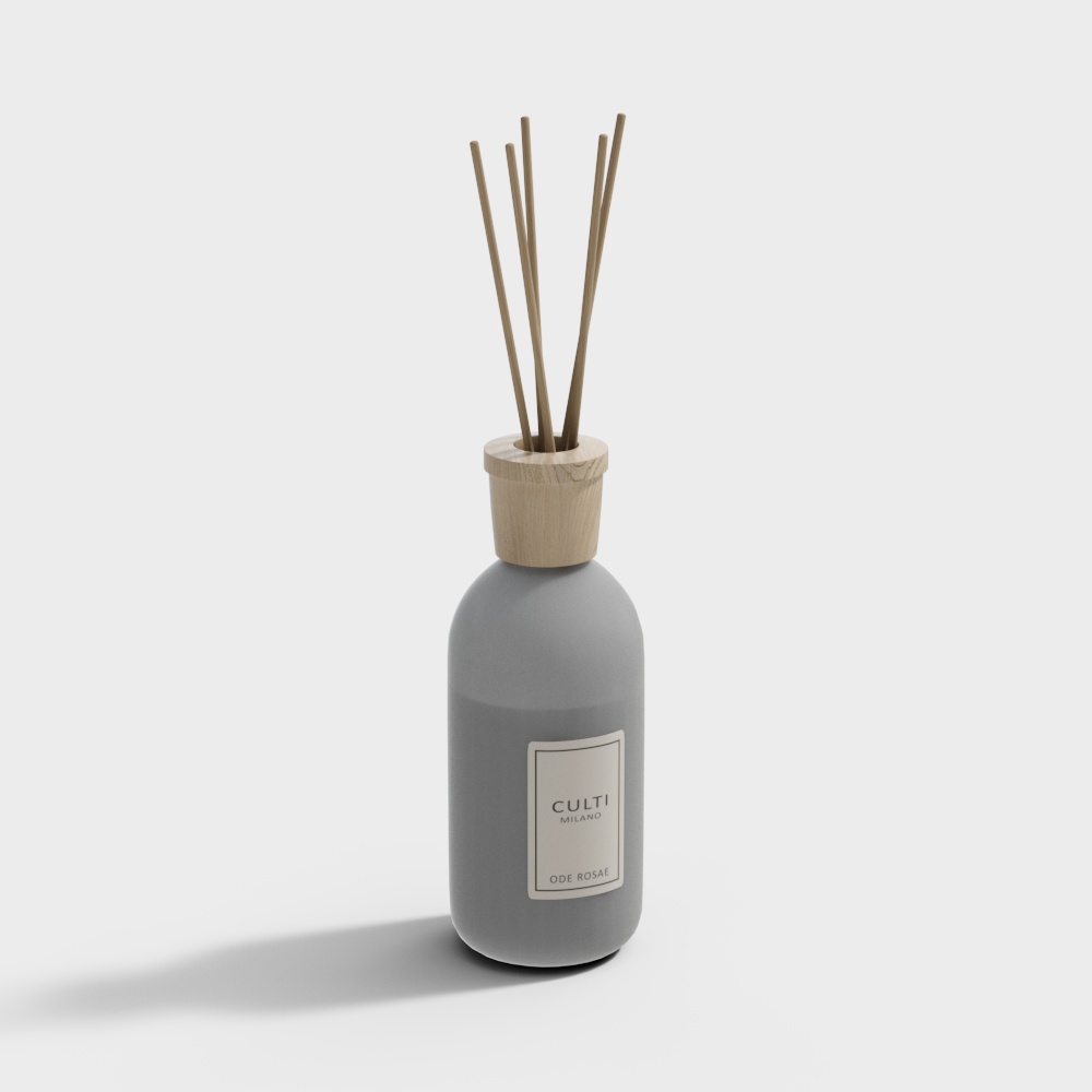 Grey ceramic diffuser bottle with wooden lid and sticks on white background