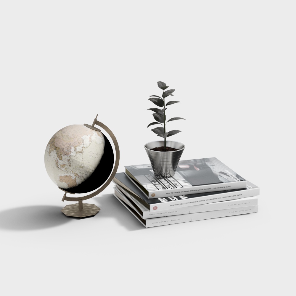 Decorative globe and stack of books with potted plant on light grey background