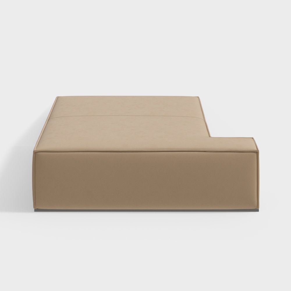 Modern beige upholstered L shaped sofa with clean lines and low profile on white background