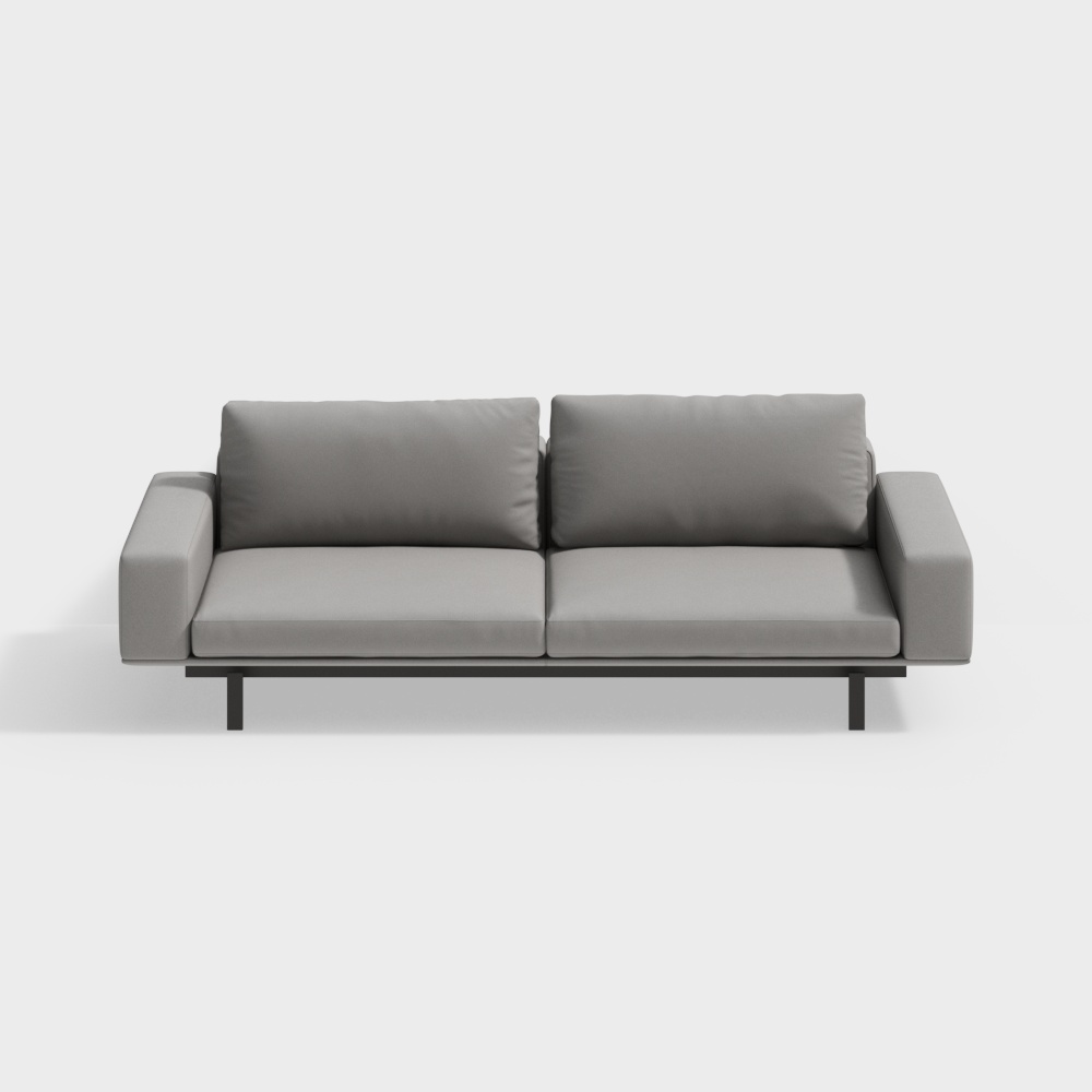 Modern grey fabric sofa with two cushions and black metal legs on white background