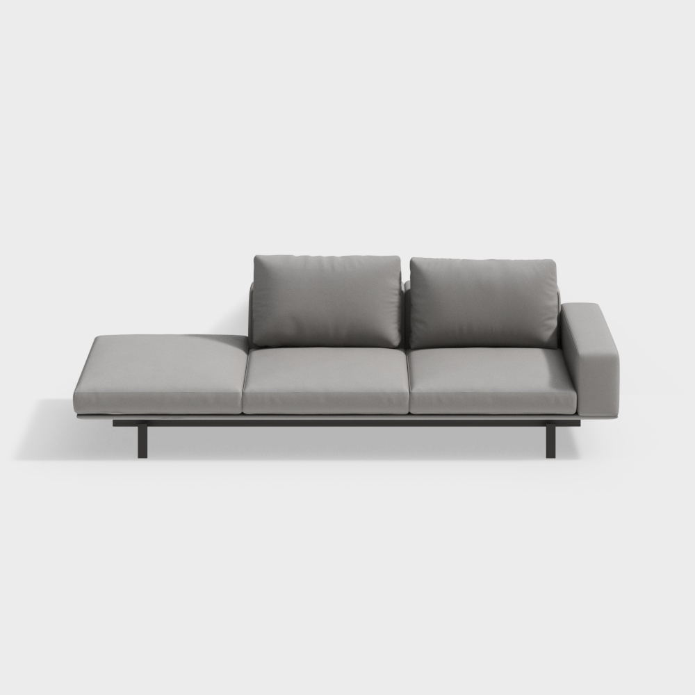 Modern grey fabric sectional sofa with black metal legs on white background