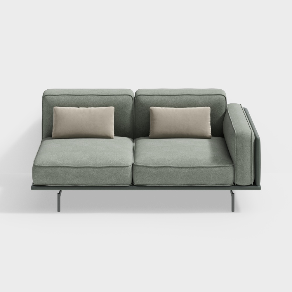 Modern green fabric sofa with beige pillows and metal legs on white background