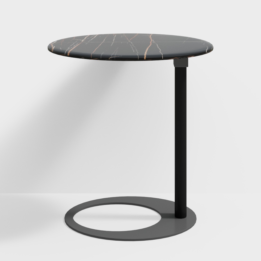 Modern round side table with black marble top and matte metal base on white background
