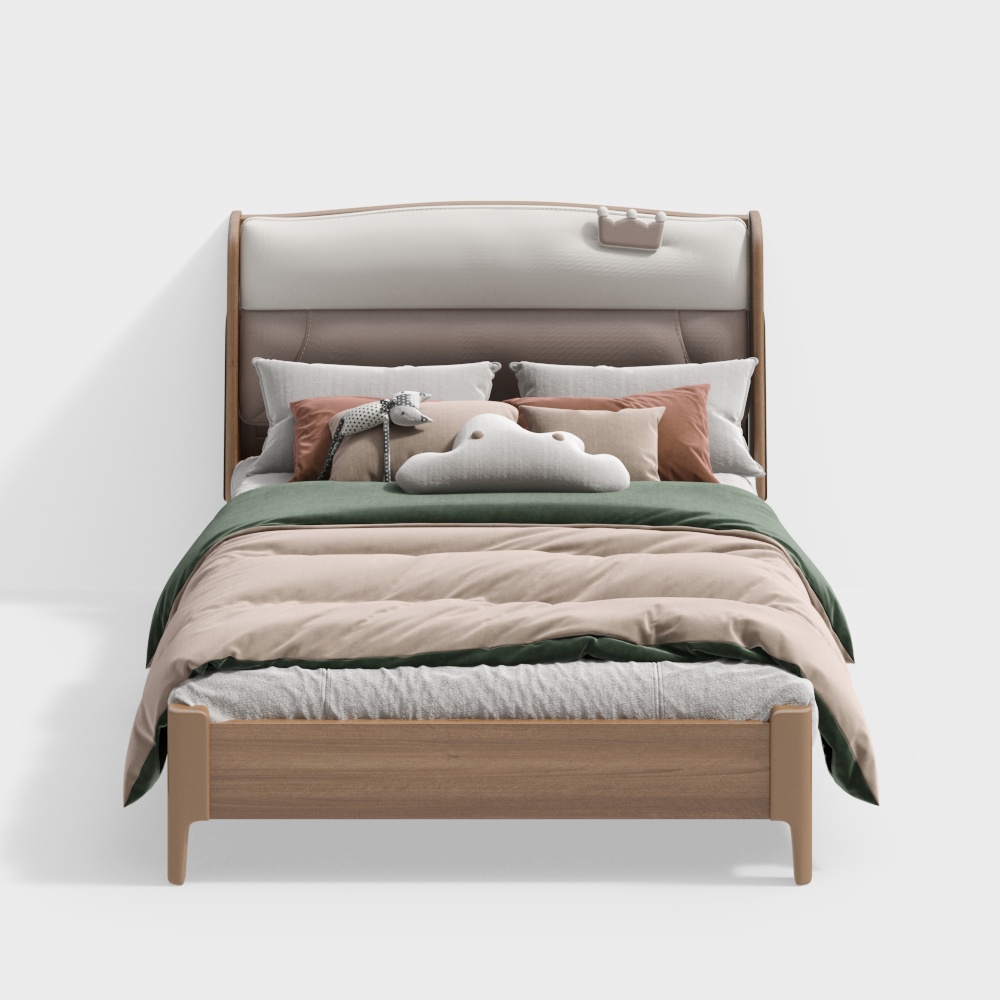 Modern wooden bed with white headboard and green bedding on white background