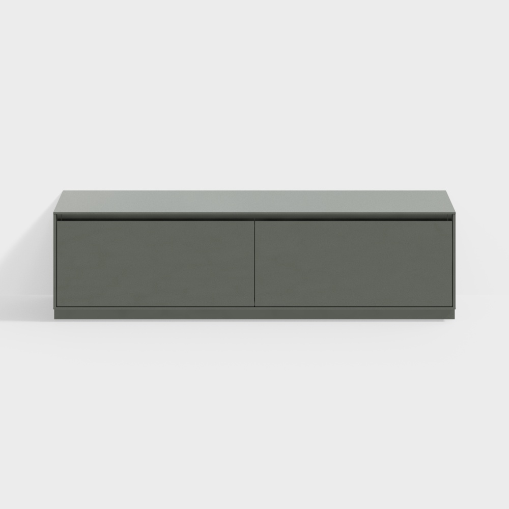 Modern dark grey low cabinet with two flat doors on white background
