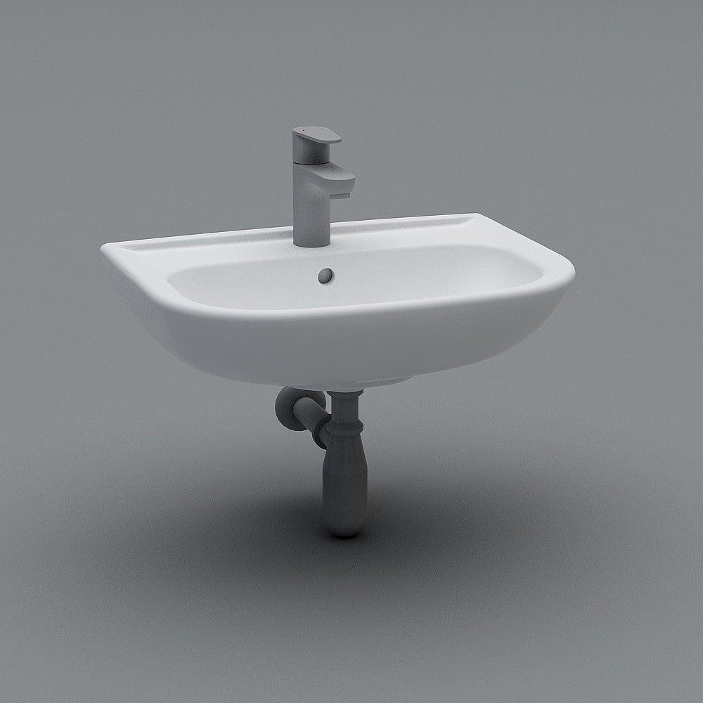 Modern white ceramic bathroom sink with grey faucet and visible drain pipe on grey background