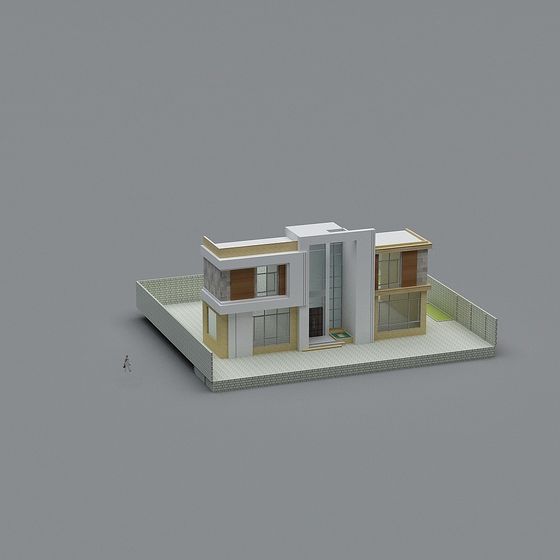 Modern two story house model with white walls and wood panels on grey background