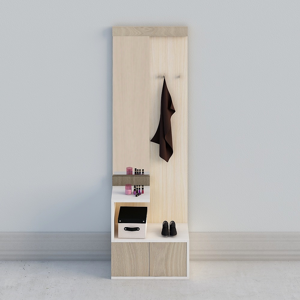 Tall light wood coat rack with shelf and storage box on grey background