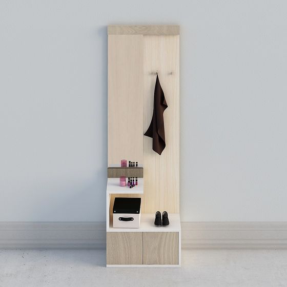Tall light wood coat rack with shelf and storage box on grey background