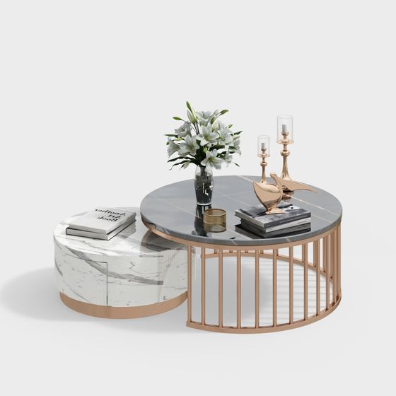 Modern round coffee table set with marble top and gold metal base on grey background