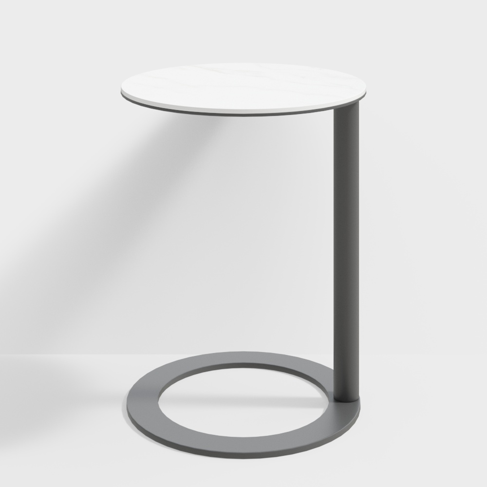 Modern round side table with white marble top and grey metal base on light grey background