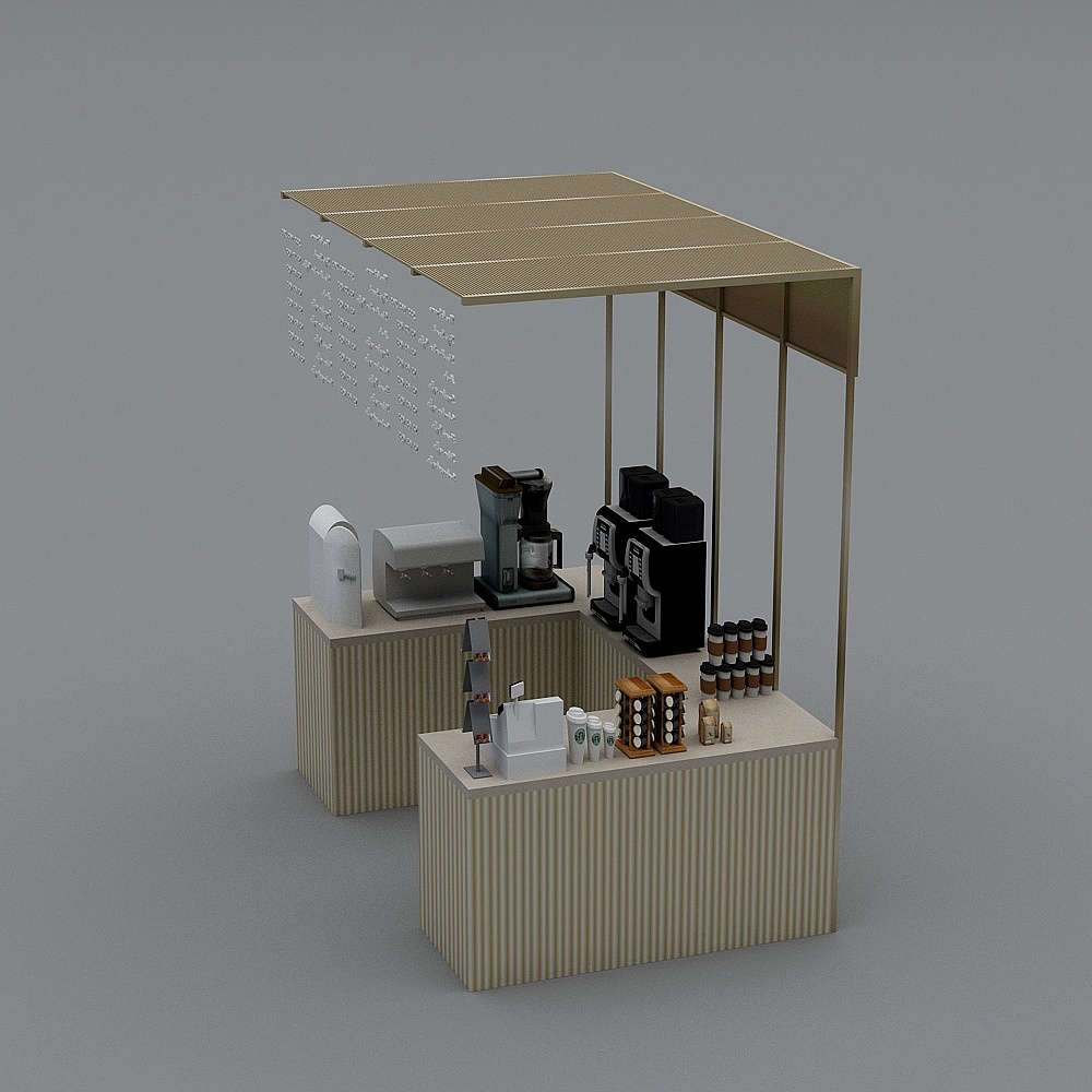 Modern beige coffee kiosk with striped counters and black machines on grey background