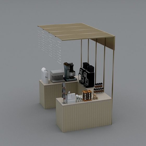 Modern beige coffee kiosk with striped counters and black machines on grey background