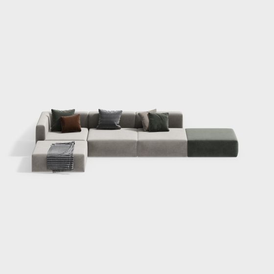 Modern light grey fabric sectional sofa with green pillows and checkered throw blanket on white background