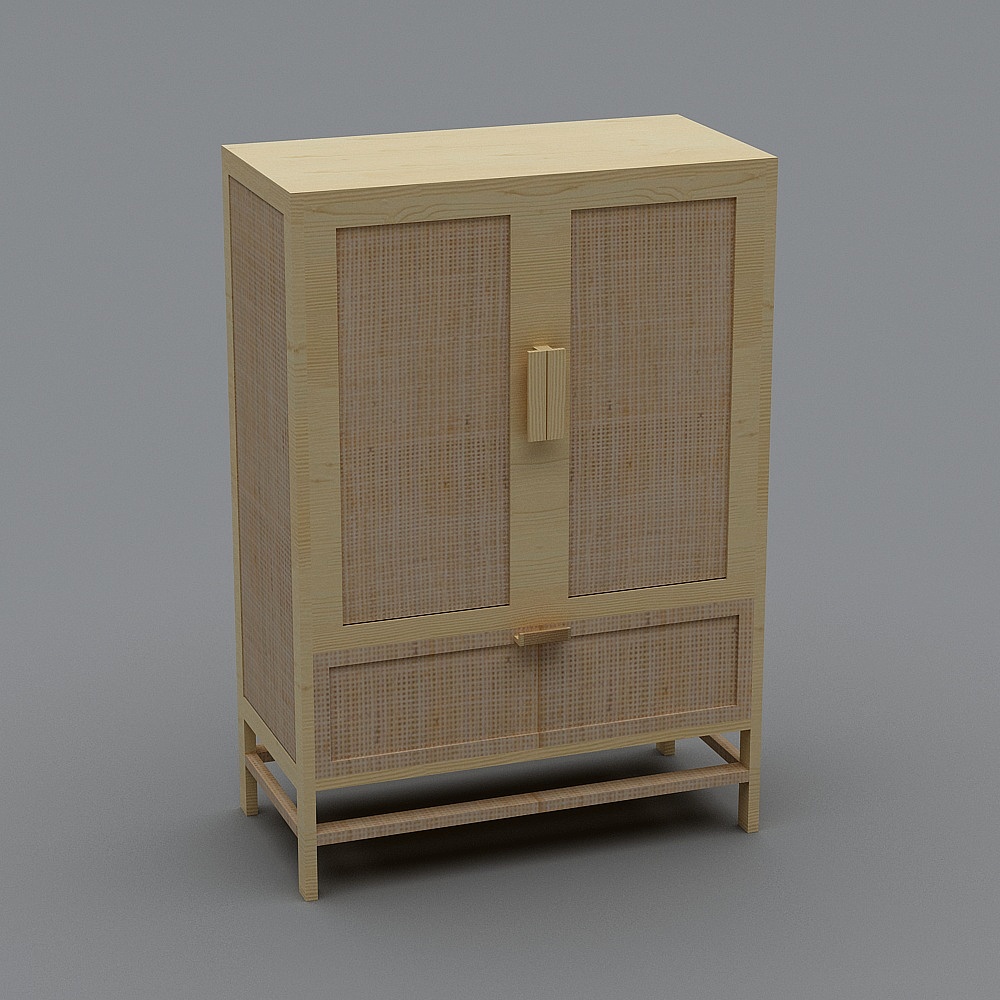 Light wood cabinet with woven doors and drawer on grey background
