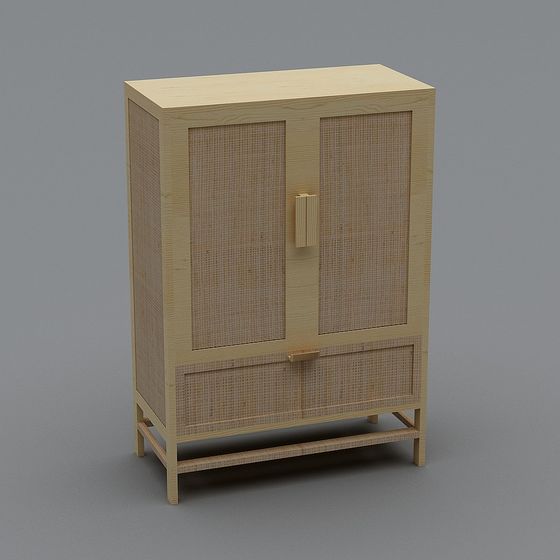 Light wood cabinet with woven doors and drawer on grey background