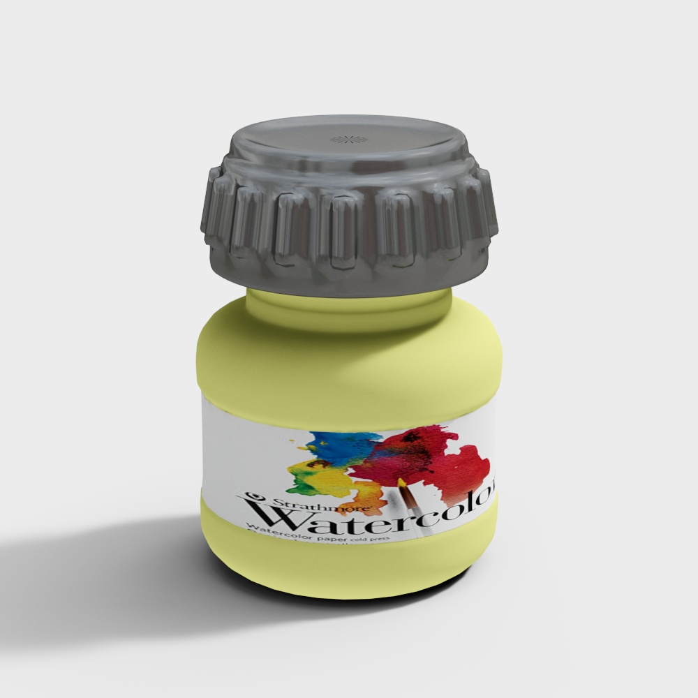 Yellow paint bottle with grey cap and colorful label on white background