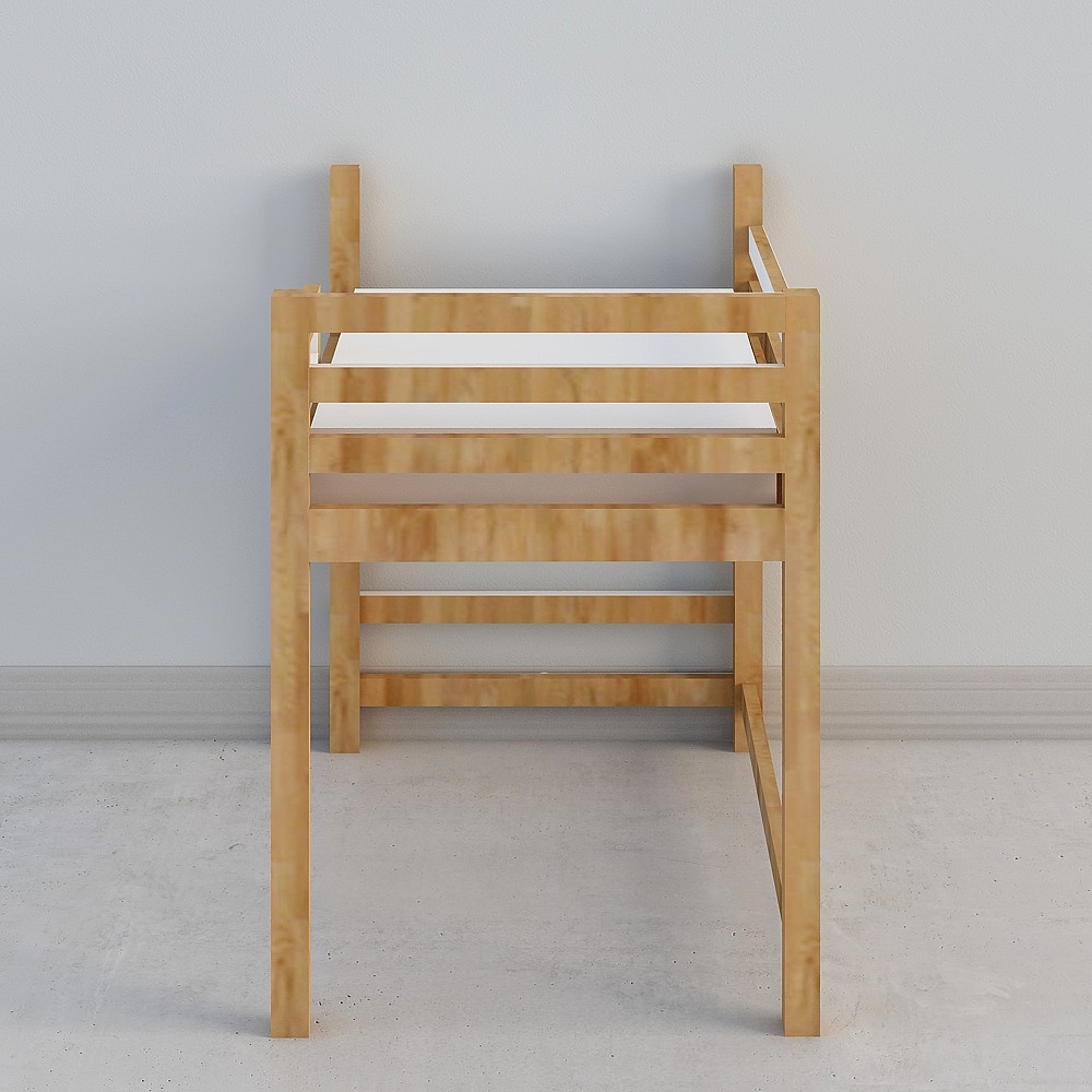 Modern light wood changing table with white top and open shelves on grey background