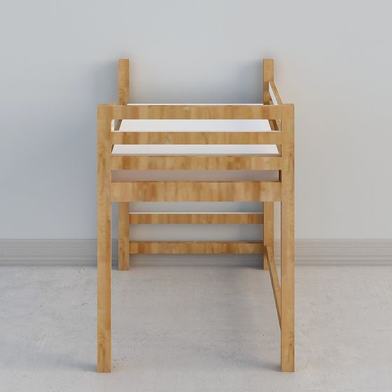 Modern light wood changing table with white top and open shelves on grey background
