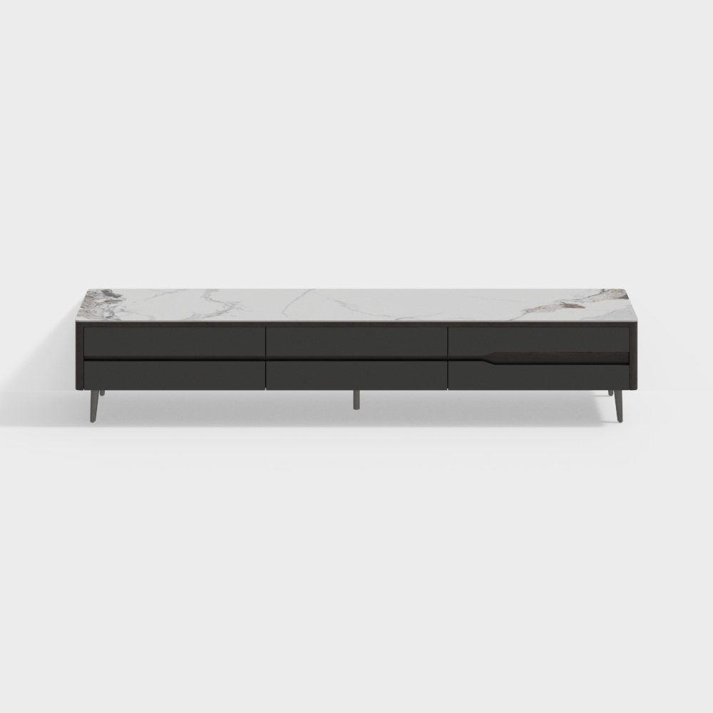 Modern black media console with white marble top and thin legs on grey background