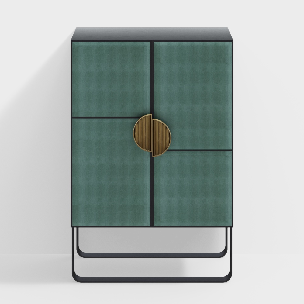 Modern green cabinet with black frame and gold round handles on white background