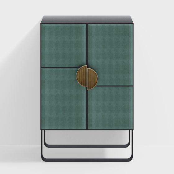 Modern green cabinet with black frame and gold round handles on white background