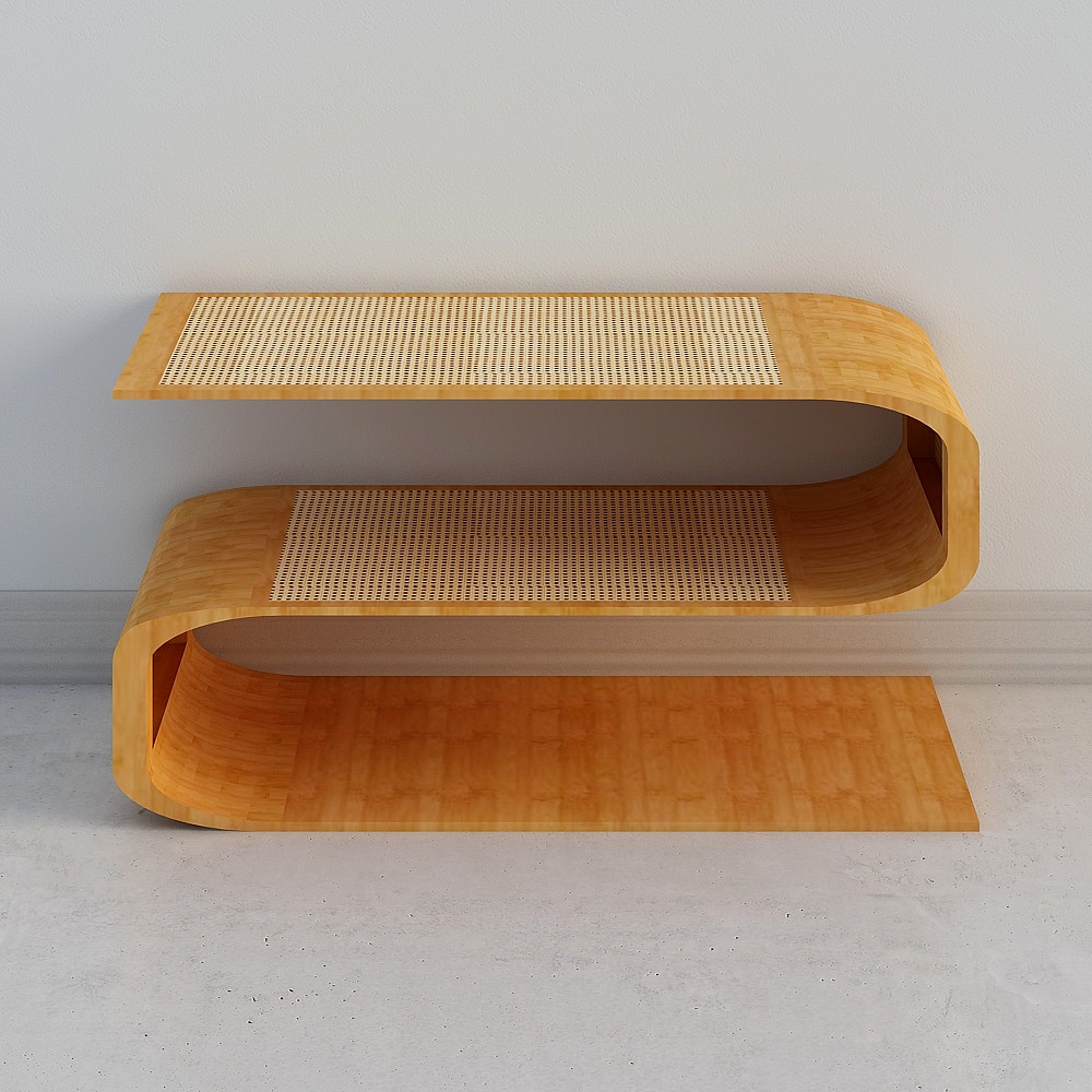 Modern curved light wood cabinet with two woven cane shelves on grey background