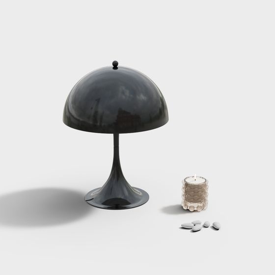 Modern black metal table light fixture with dome shade on white background