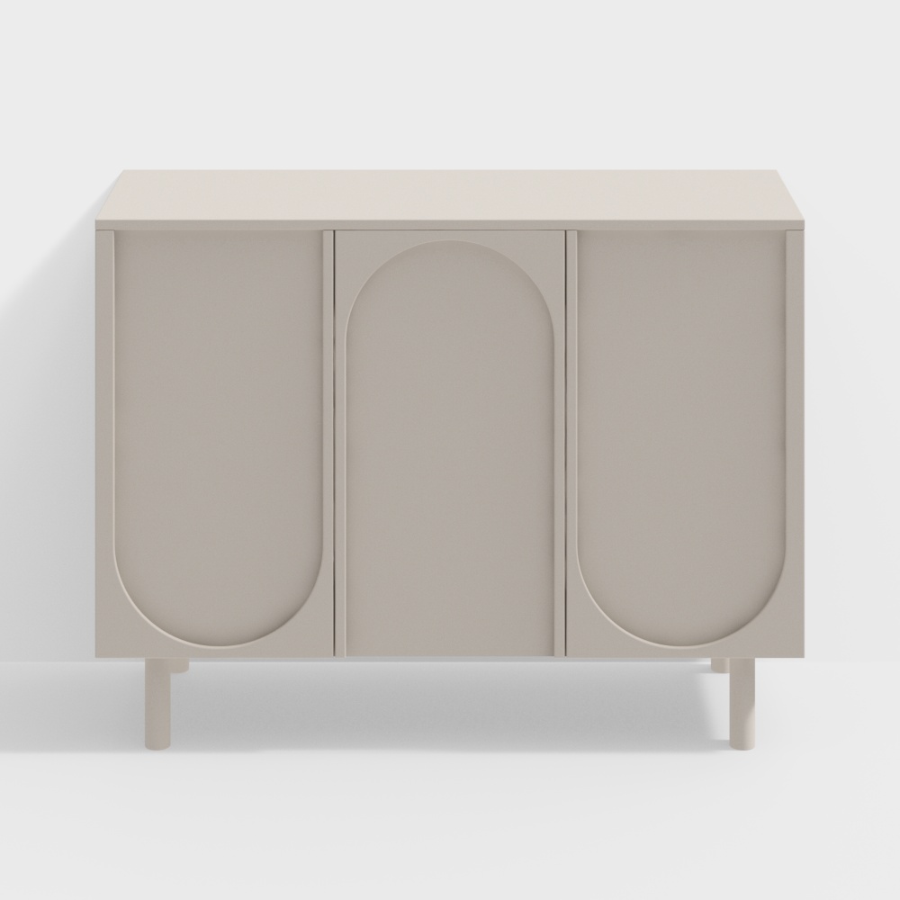 Beige modern cabinet with three doors and round details on white background