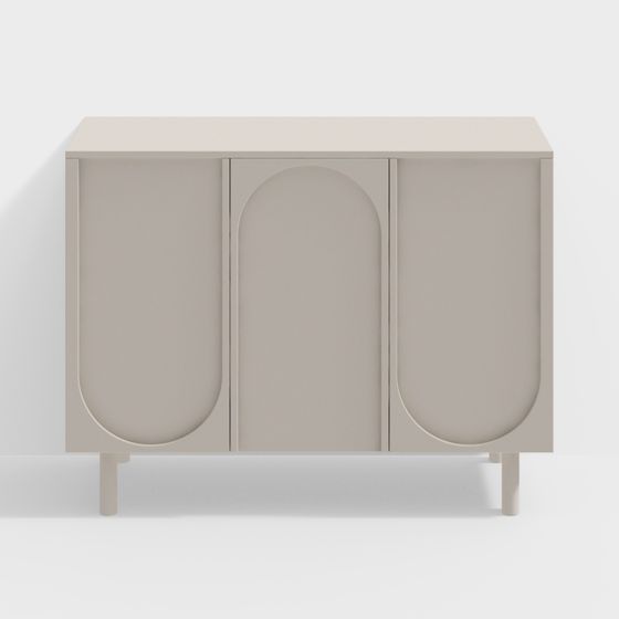 Beige modern cabinet with three doors and round details on white background